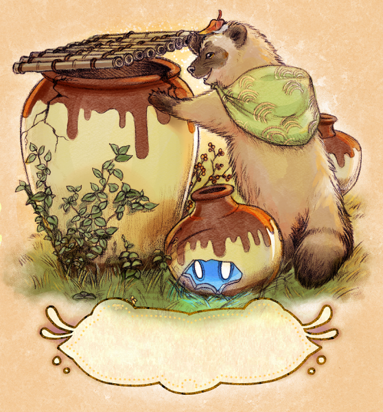 One of four raccoon dog character scenes illustrated in mechanical pencil with digital colors.