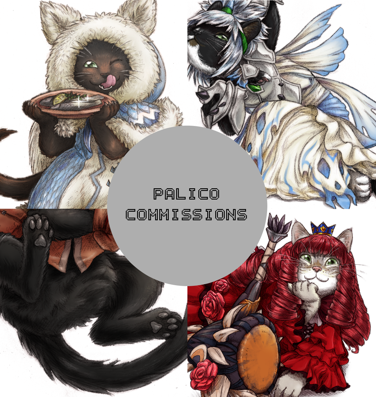 Featuring four mixed media (pencil and digital colors) commissions of client's cats illustrated as characters in Capcom's Monster Hunter franchise.