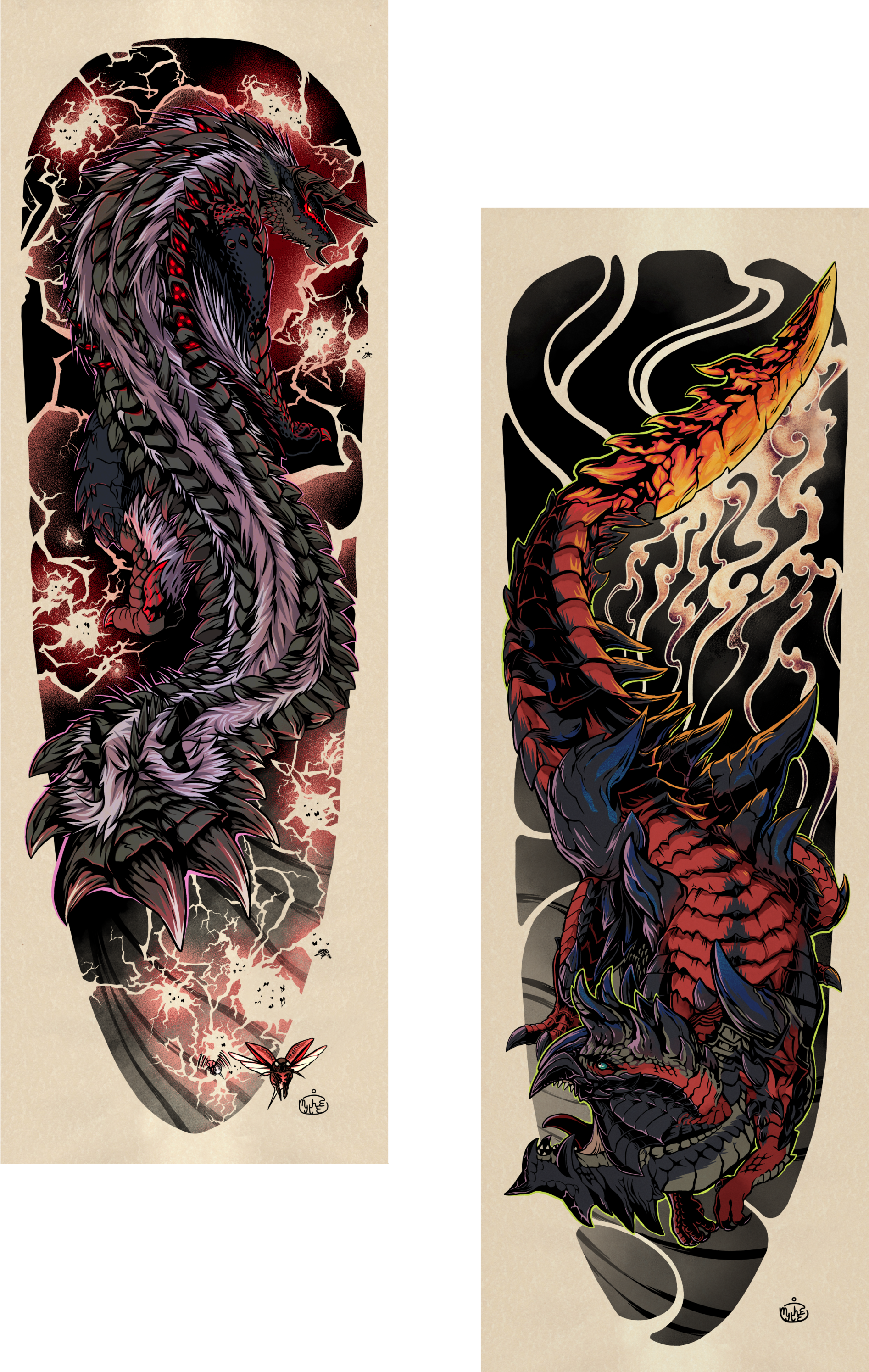 Commissions for two monsters in sleeve tattoo style, from Capcom's Monster Hunter franchise.